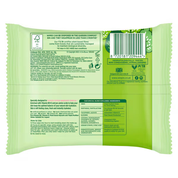 Simple biodegradable cleansing wipes 25 wipes (British brand)