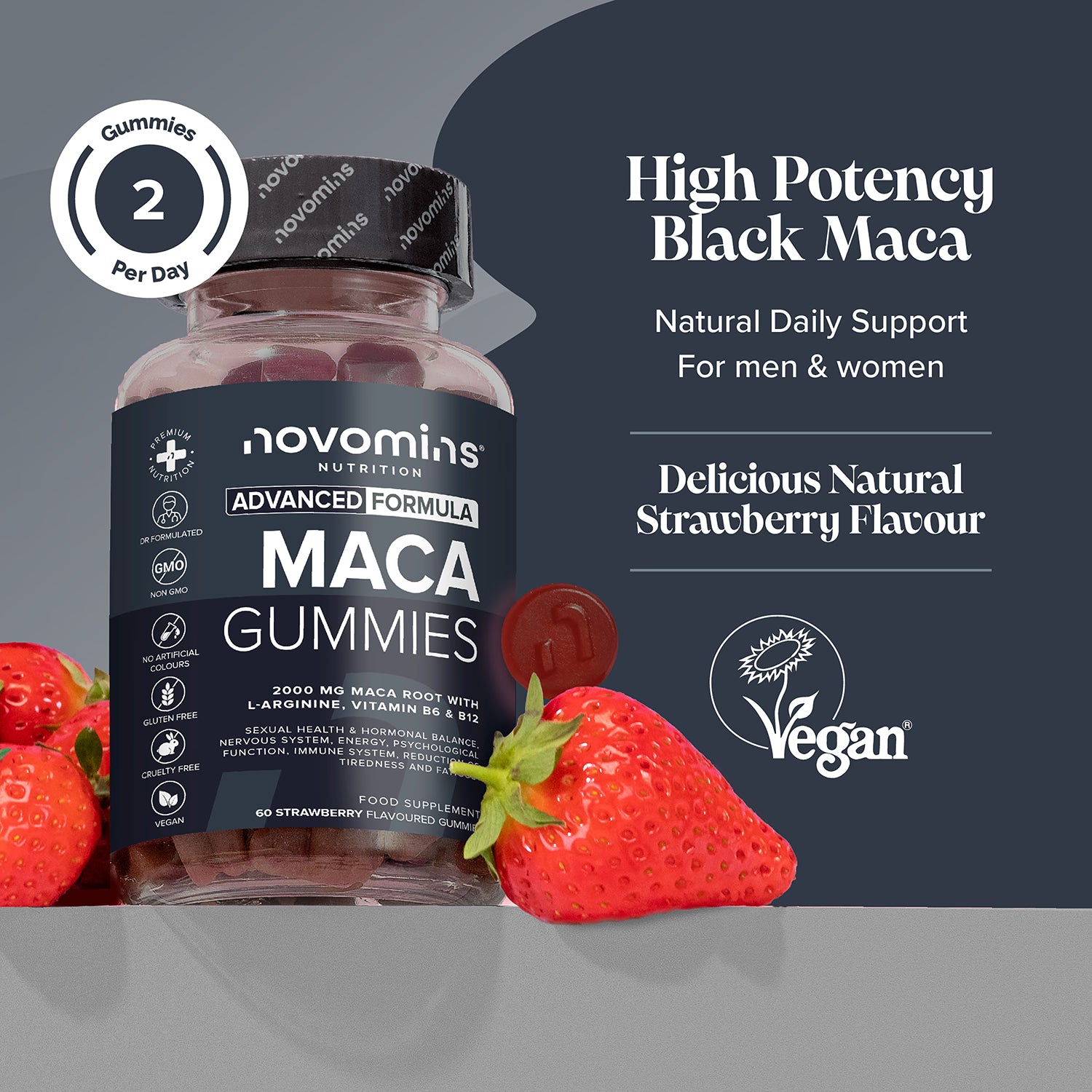Novomins Maca Root gummies strawberry flavour 60 count - British product