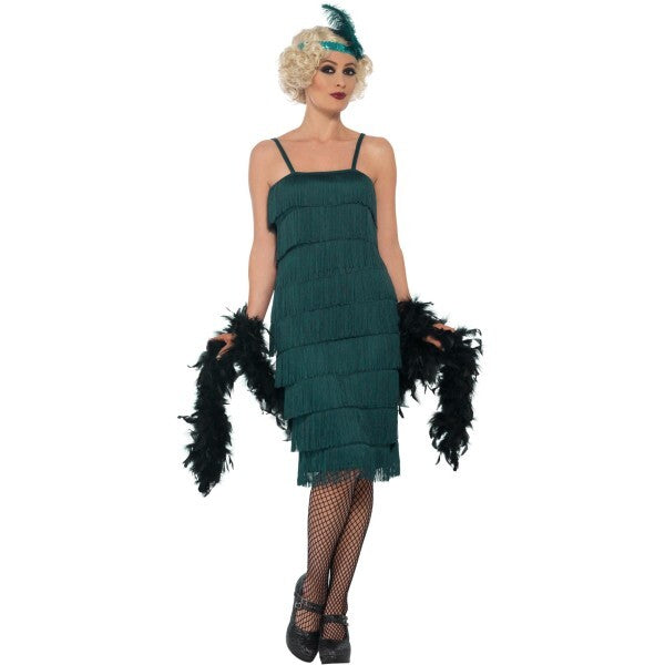 Smiffys flapper costume teal green with dress headband gloves, UK version
