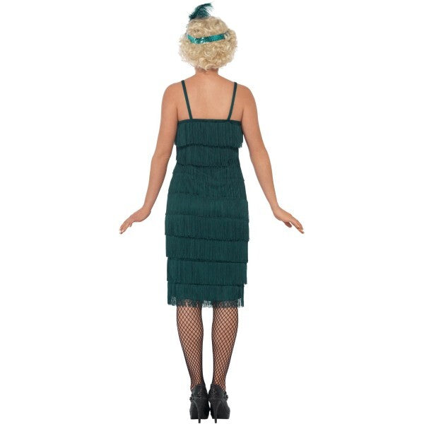 Smiffys flapper costume teal green with dress headband gloves, UK version