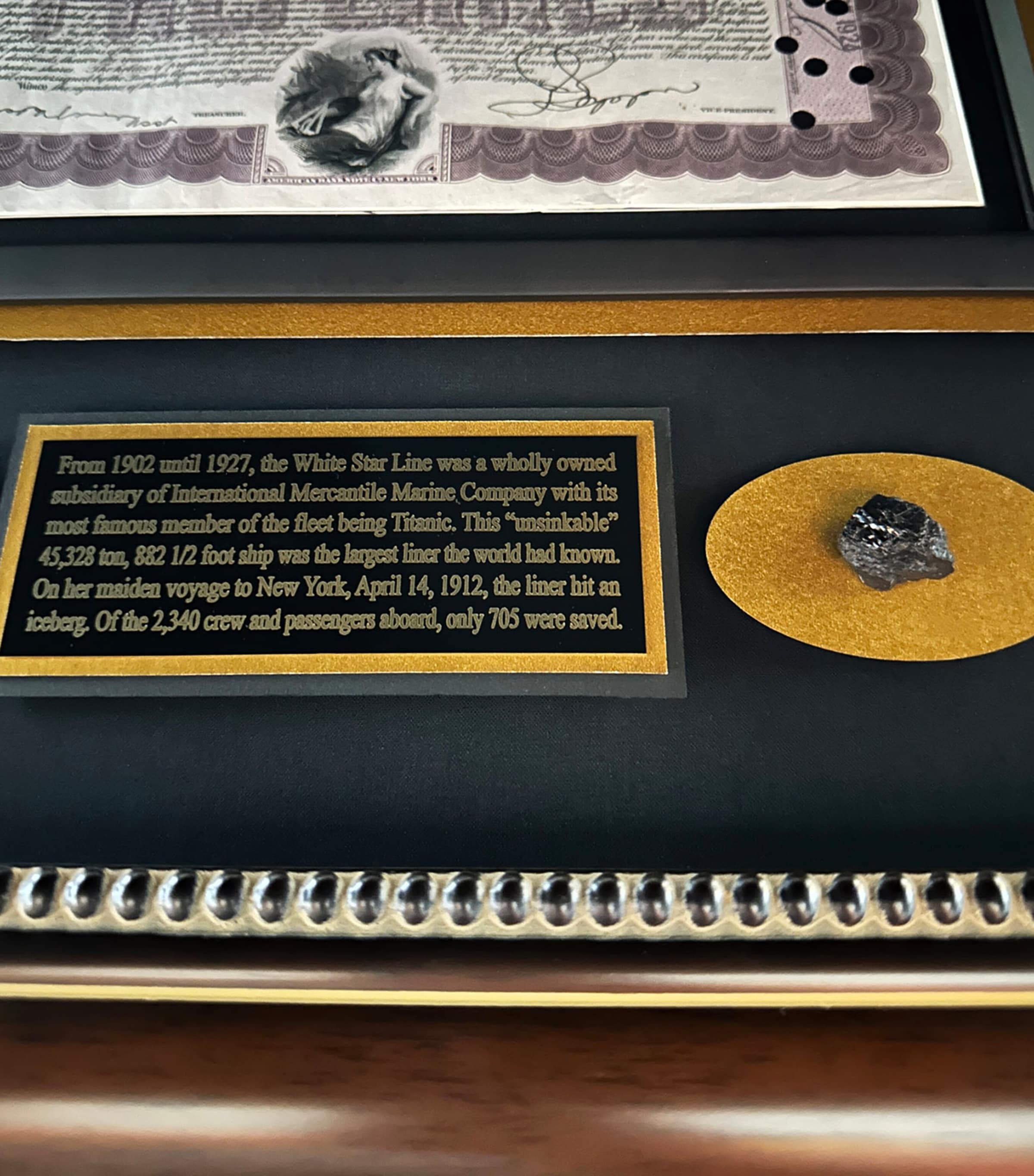 Leipzig Galleries Titanic survivor autograph and coal relic display frame 92cm x 92cm, UK version