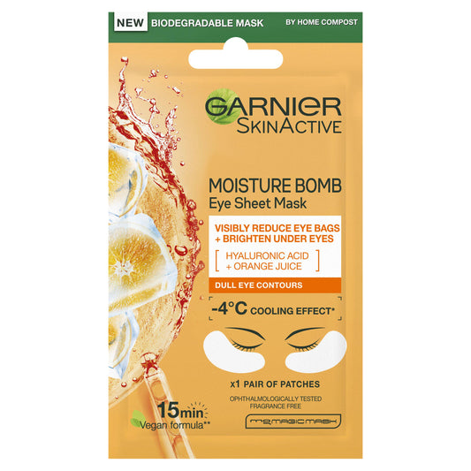 Garnier Moisture Bomb Hyaluronic Acid and Orange Juice Hydrating Brightening Eye Sheet Mask 6g face & body skincare Sainsburys   