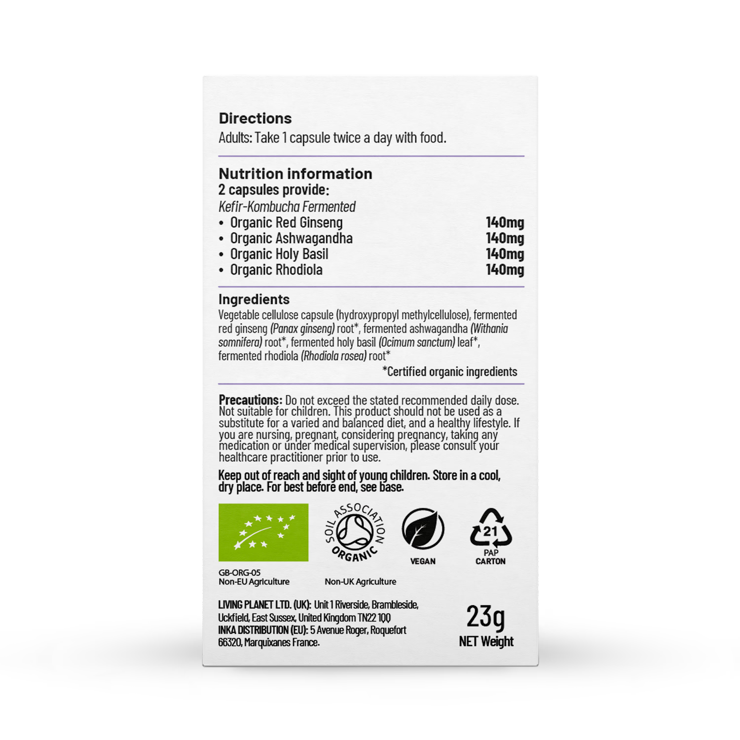 Living Nutrition organic ferment adaptogens capsules 60 count, UK version
