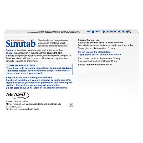 Sinutab Non-Drowsy Cold & Flu Tablets 15s GOODS Superdrug   