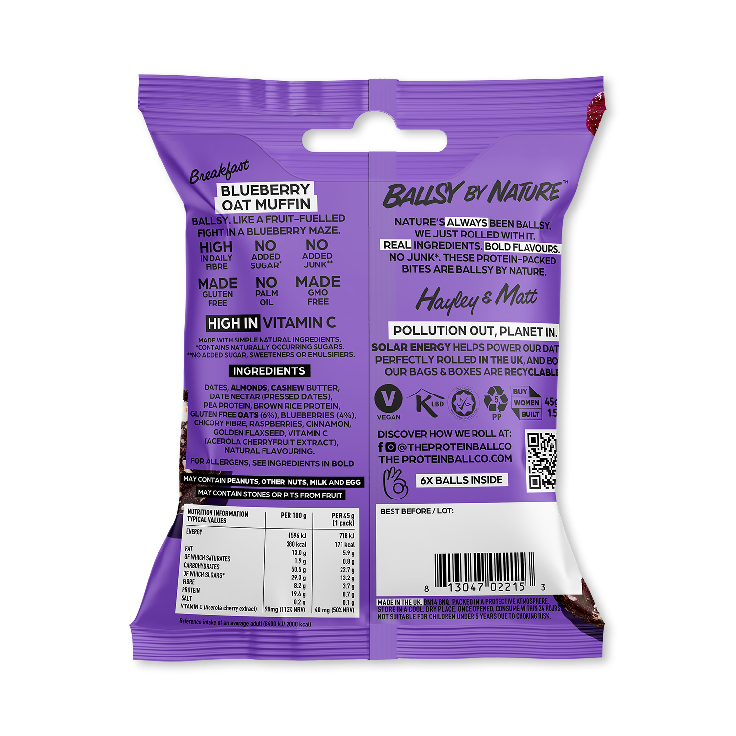 Ballsy blueberry oat muffin high fibre single bag, UK version