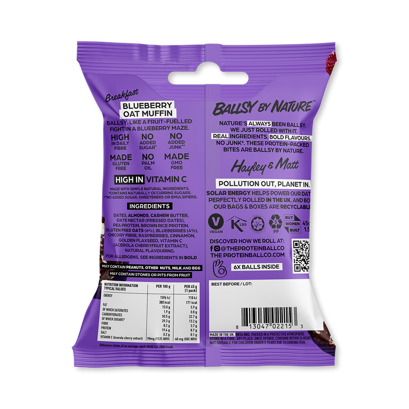 Ballsy blueberry oat muffin high fibre single bag, UK version