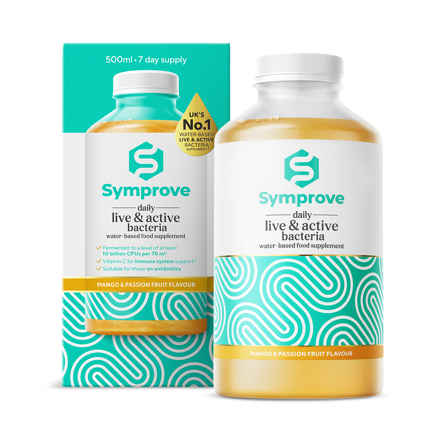 Symprove Mango & Passion Fruit live bacteria supplement 500ml, imported from the UK
