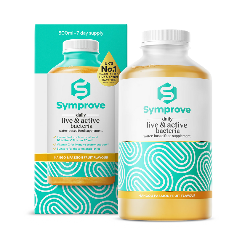 Symprove Mango & Passion Fruit live bacteria supplement 500ml, imported from the UK