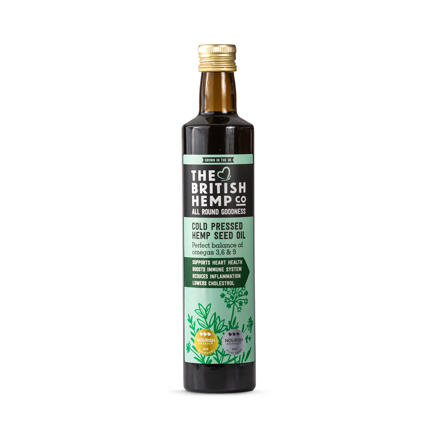 The British Hemp Co cold pressed hemp seed oil 500ml, UK version