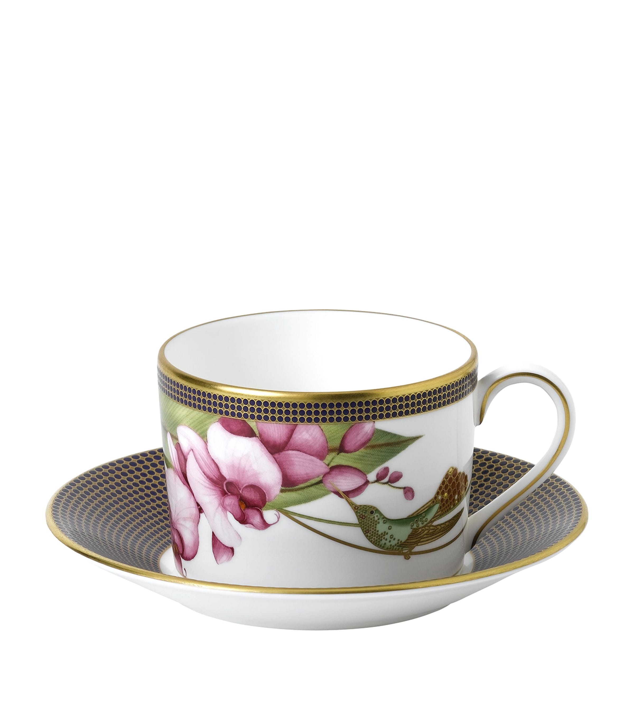 Wedgwood fine bone china teacup and saucer with gold decoration, 220ml capacity (British brand)