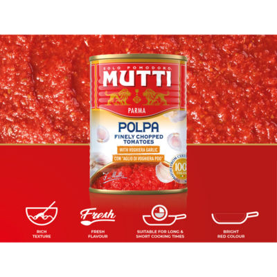 Mutti finely chopped tomatoes with garlic 400g, imported from the UK
