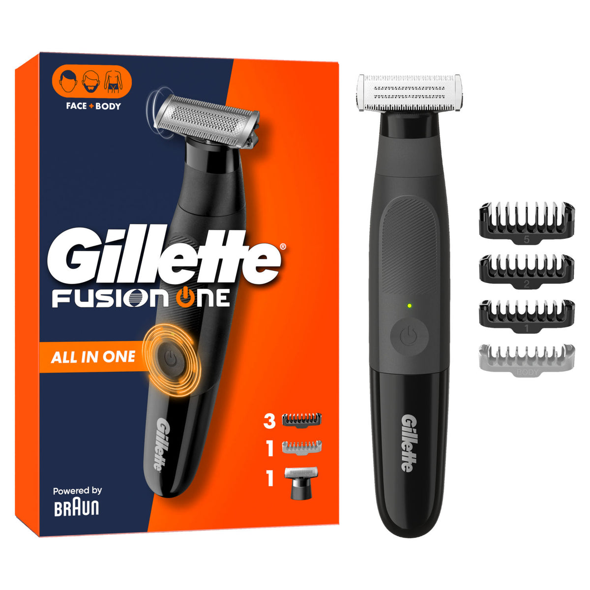 Gillette Fusion One hybrid beard trimmer shaver for face and body (British brand)