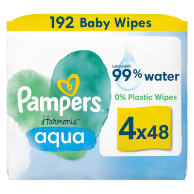 مناديل مبللة للأطفال Pampers Harmonie Aqua خالية من البلاستيك، 4 عبوات (192 منديلًا)