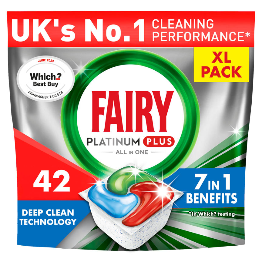 Fairy Platinum Plus Deep Clean Dishwasher Tablets Fresh Herbal Breeze, 42 Tablets GOODS ASDA   