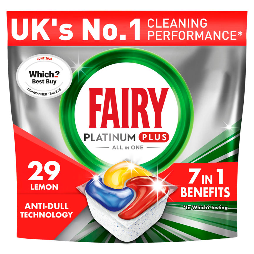 Fairy Platinum Plus All In One Dishwasher Tablets Lemon, 29 Tablets GOODS ASDA   