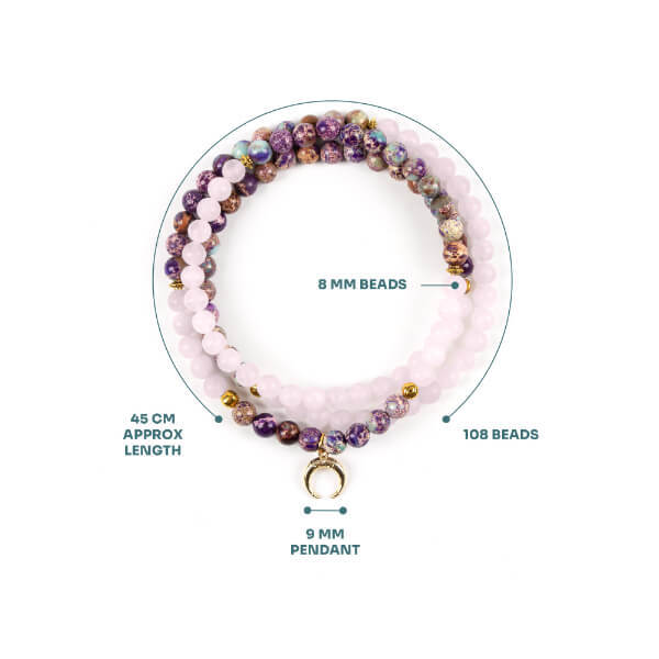 Myga balance bead necklace with crescent moon pendant, imported from the UK