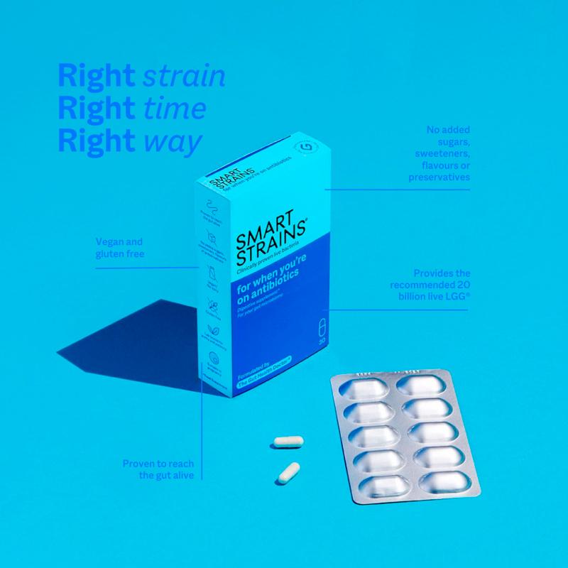 Smart Strains probiotic supplement for antibiotics and travel 20 capsules (British brand)