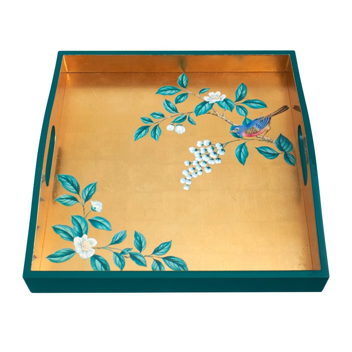 Camellia tea tray with bluebird motif, wooden lacquered, UK version