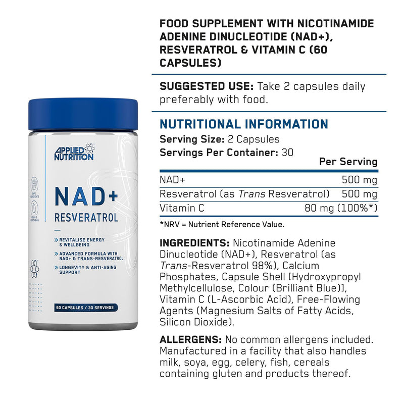 Applied Nutrition NAD+ trans-resveratrol supplement 60 capsules (British brand)