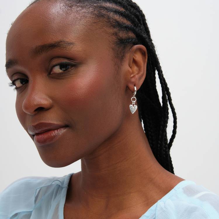 Inicio silver plated heart drop hoop earrings, imported from the UK