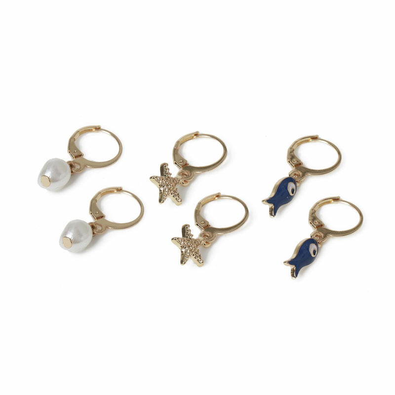 Freedom ocean charm drop huggie earrings set of 3 (British brand)