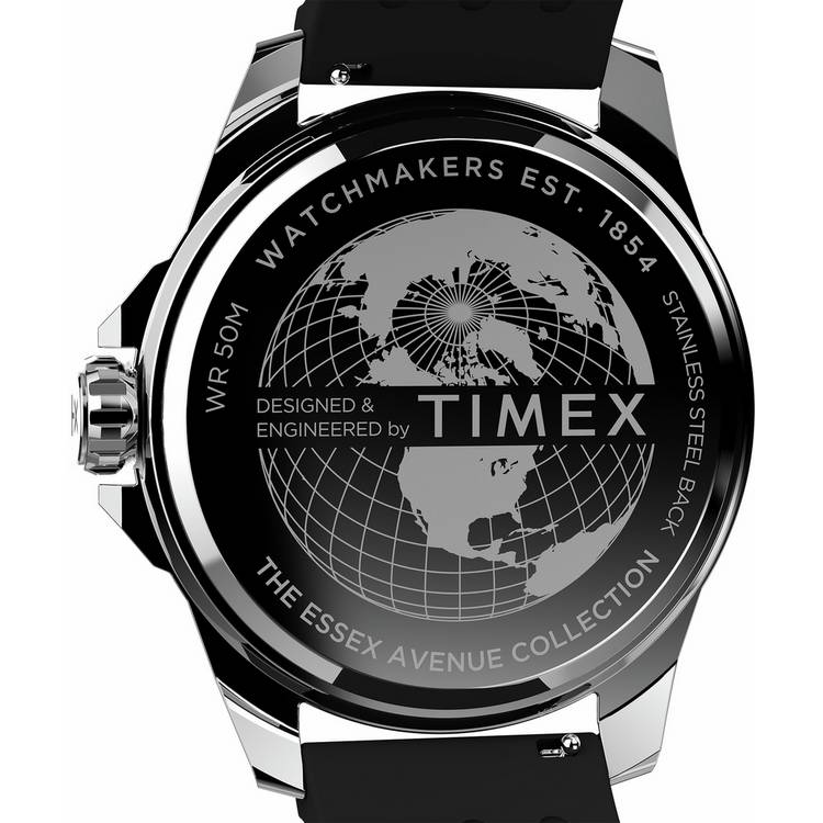 Timex Essex Ave black dial watch with silicone strap (British brand)