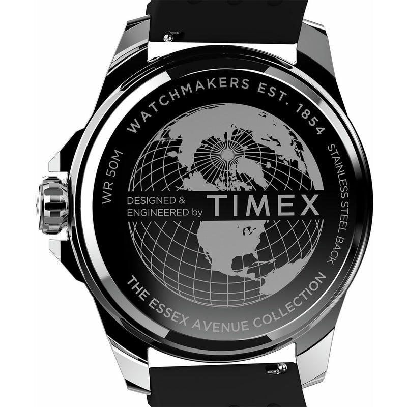 Timex Essex Ave black dial watch with silicone strap (British brand)