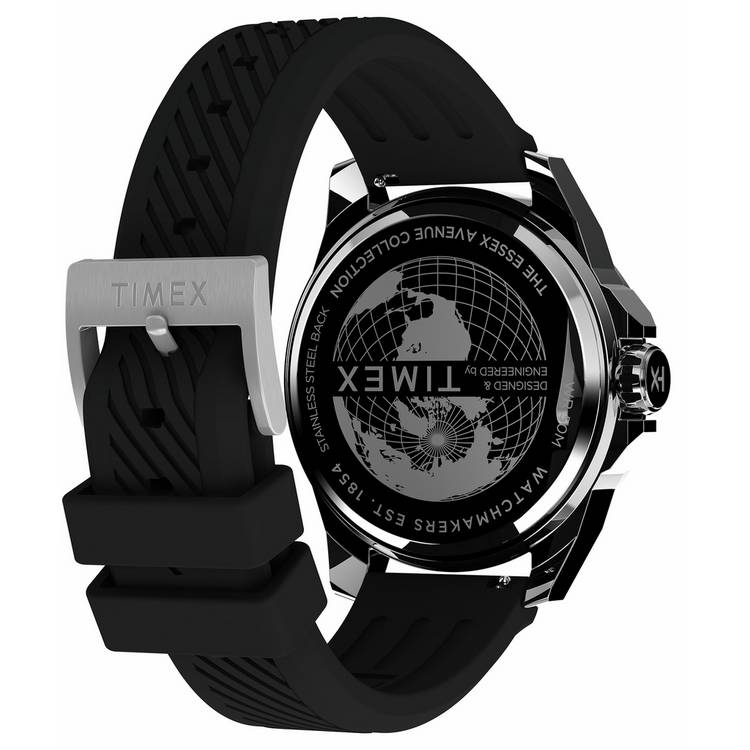 Timex Essex Ave black dial watch with silicone strap (British brand)