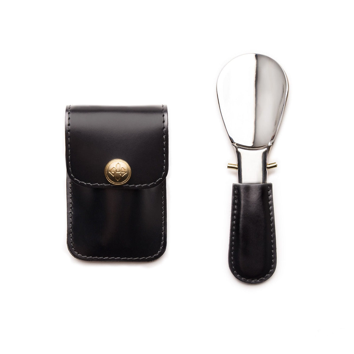 Ettinger travel shoehorn in black leather pouch, imported from the UK