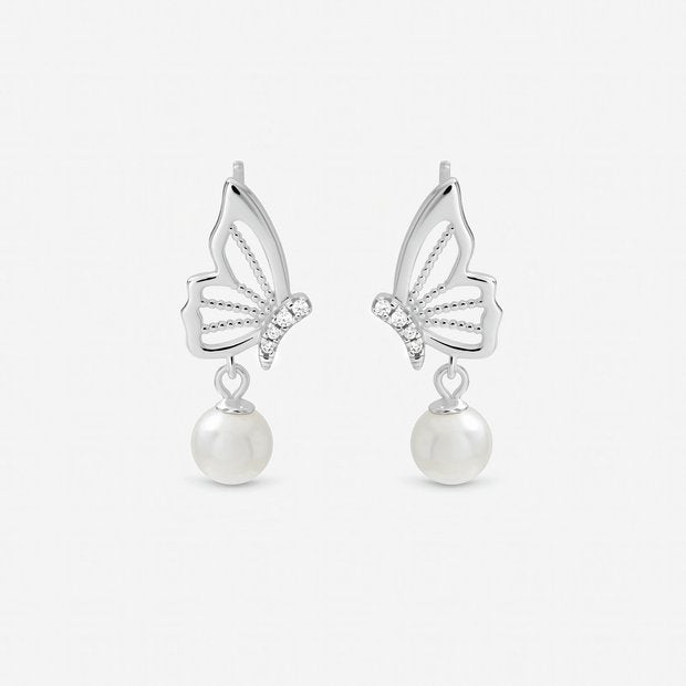 Inicio silver plated butterfly pearl drop earrings, imported from the UK