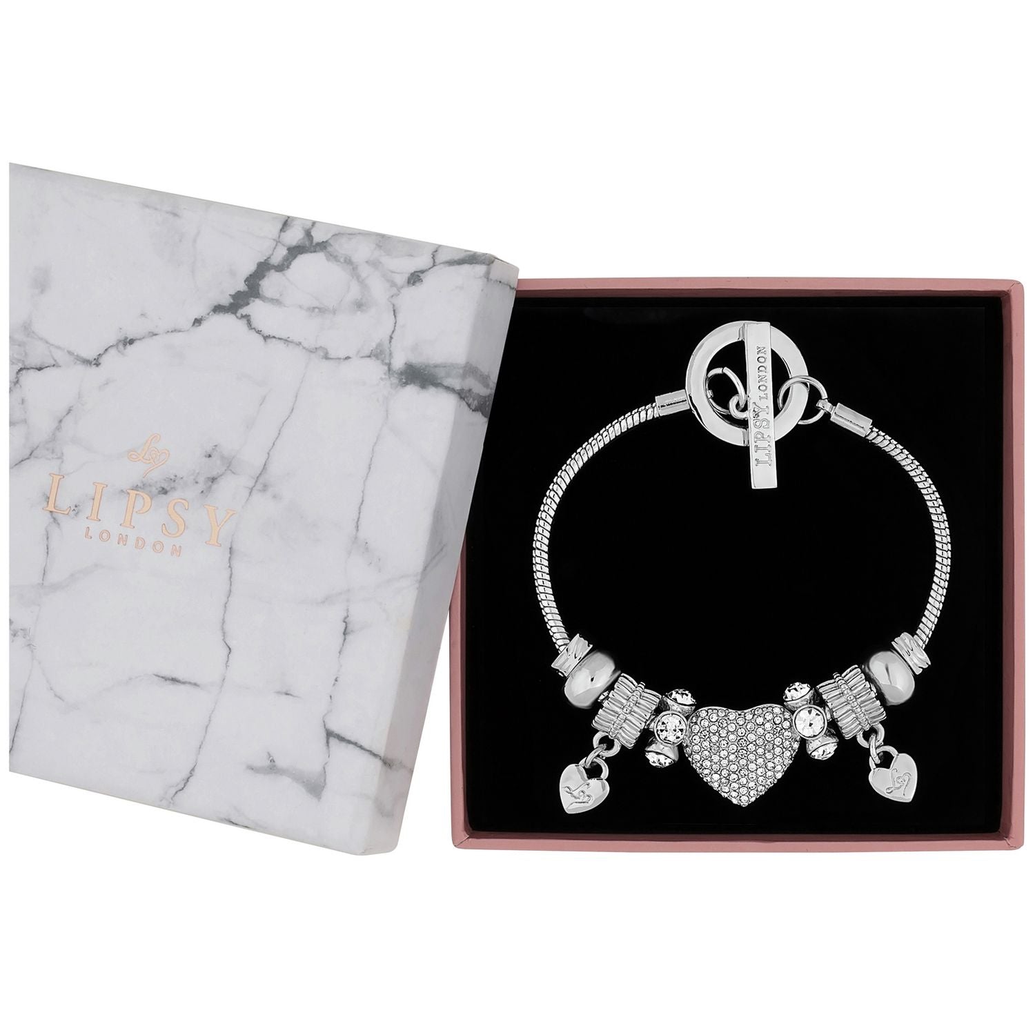 Lipsy silver tone pave heart charm bracelet (British brand)