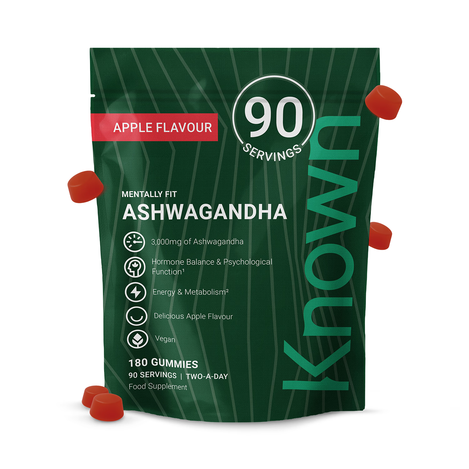 Known Nutrition Ashwagandha gummies apple flavour 180 count (British brand)