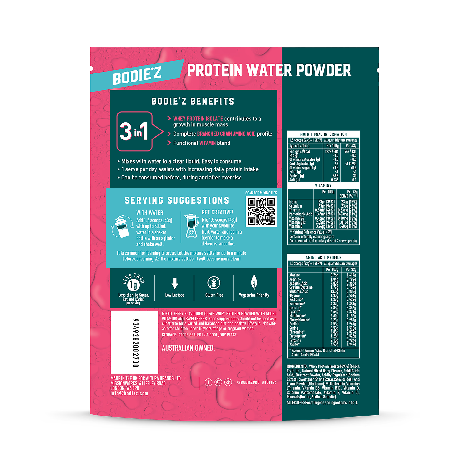 BODIE'Z protein water Berry 300g (British brand)