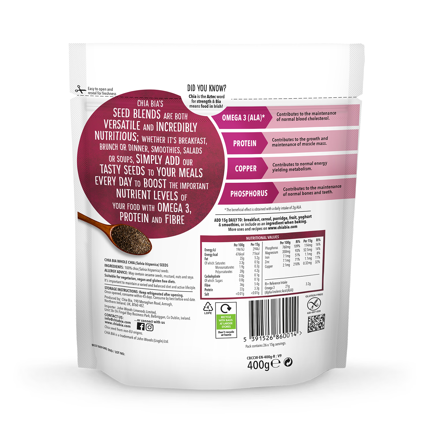 Chia Bia 100% natural whole chia seeds 400g product - British product
