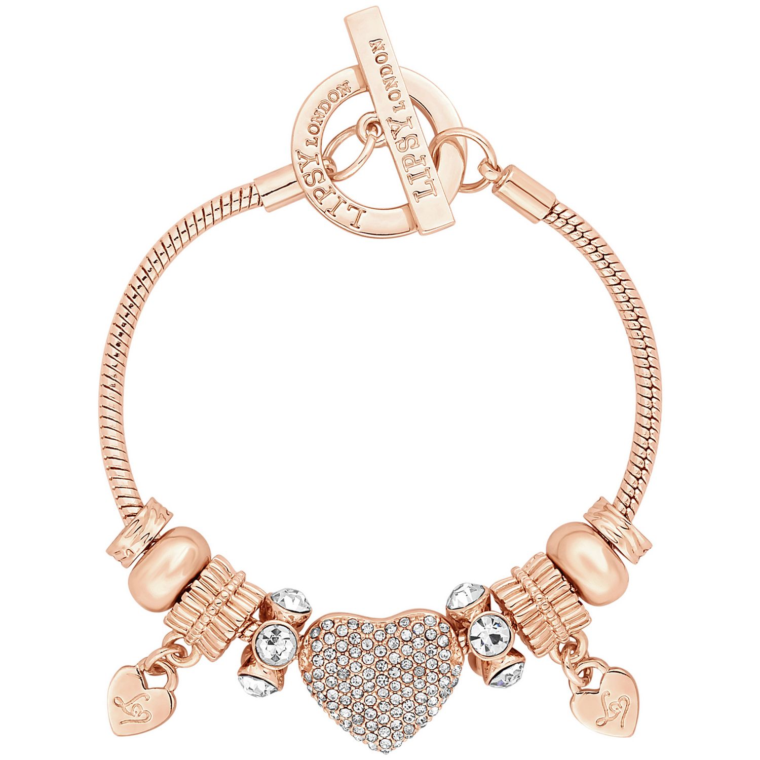 Lipsy rose gold crystal pave heart charm T-bar bracelet - British product