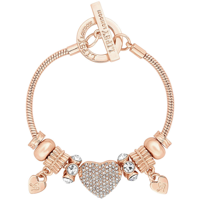 Lipsy rose gold crystal pave heart charm T-bar bracelet - British product