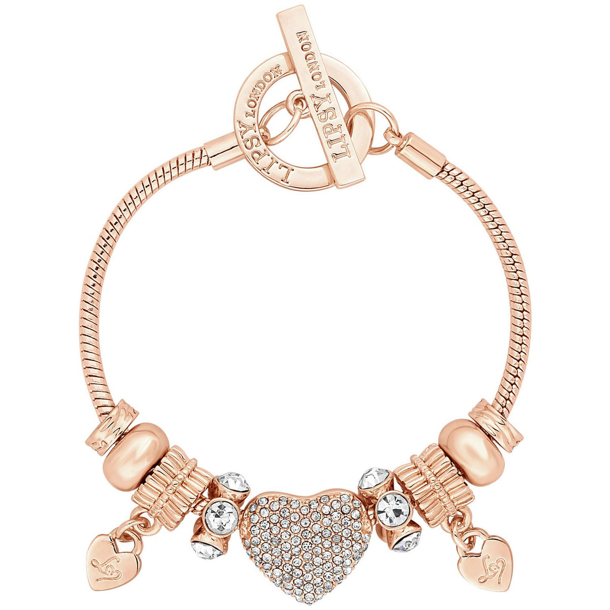 Lipsy rose gold crystal pave heart charm T-bar bracelet - British product