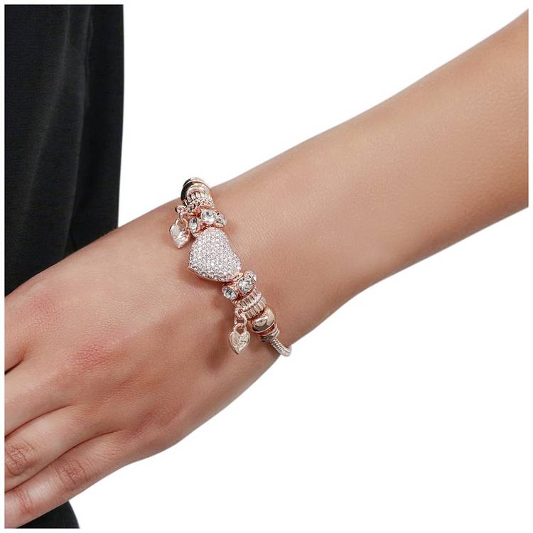 Lipsy rose gold crystal pave heart charm T-bar bracelet - British product