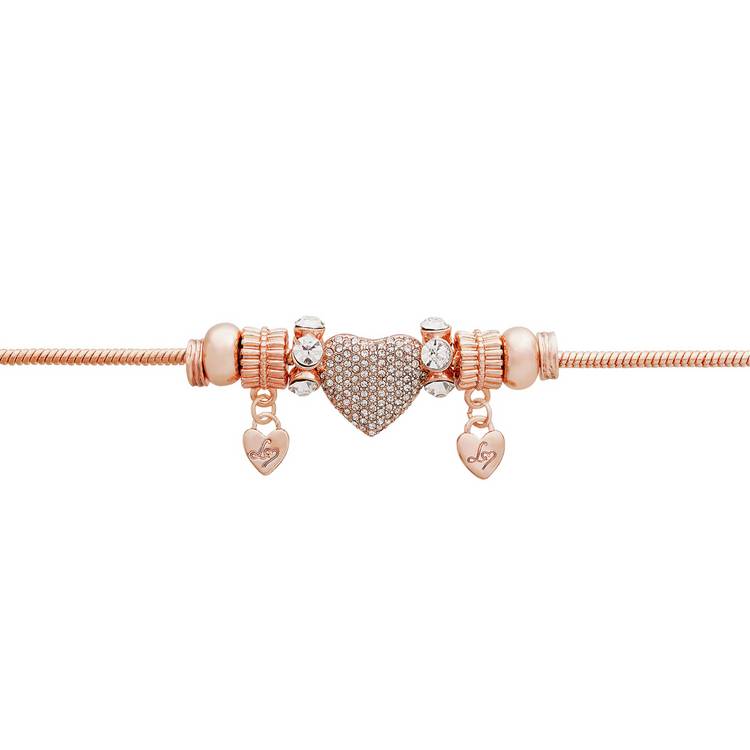 Lipsy rose gold crystal pave heart charm T-bar bracelet - British product