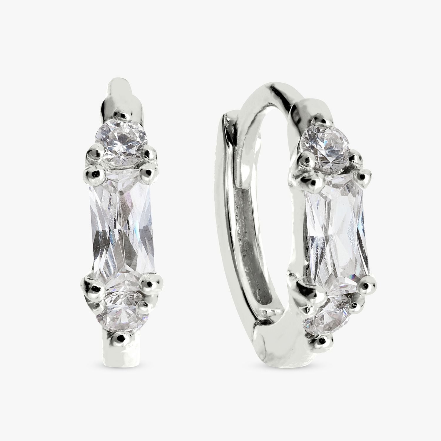 Revere sterling silver baguette-cut cubic zirconia huggie earrings (British brand)