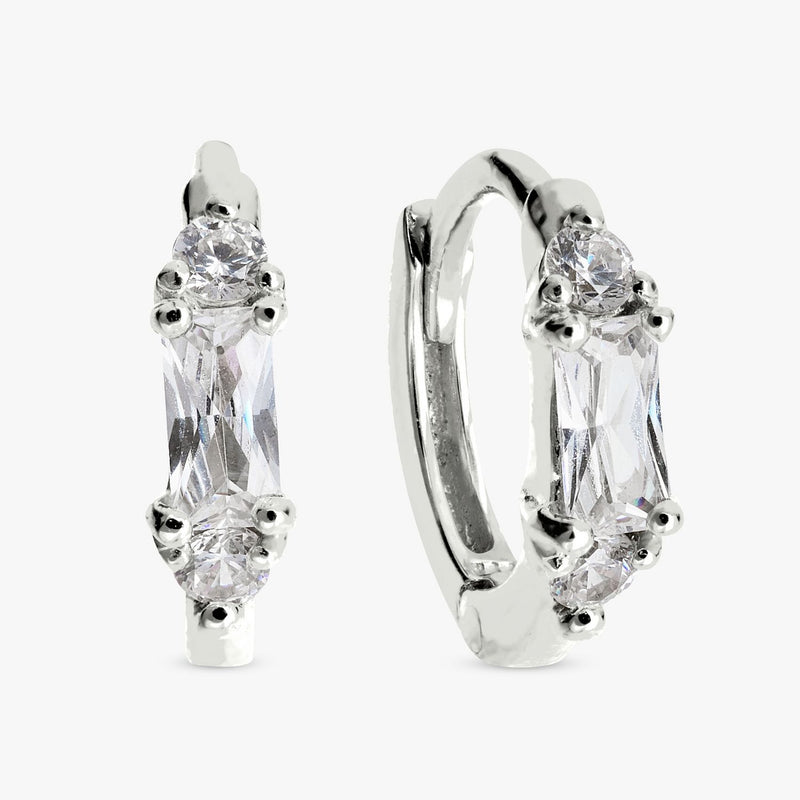 Revere sterling silver baguette-cut cubic zirconia huggie earrings (British brand)