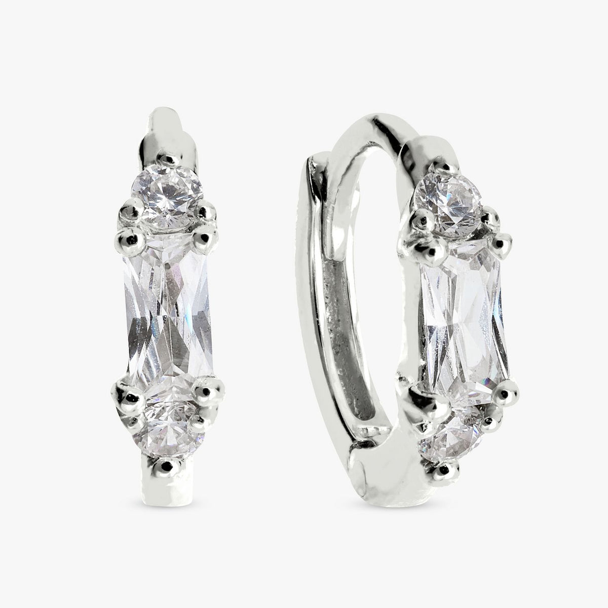 Revere sterling silver baguette-cut cubic zirconia huggie earrings (British brand)