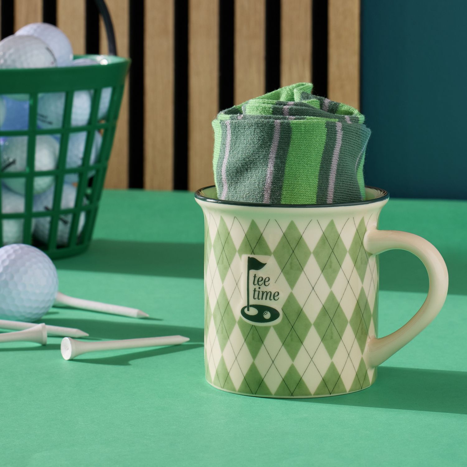 Argos Home green argyle mug and socks set, imported from the UK