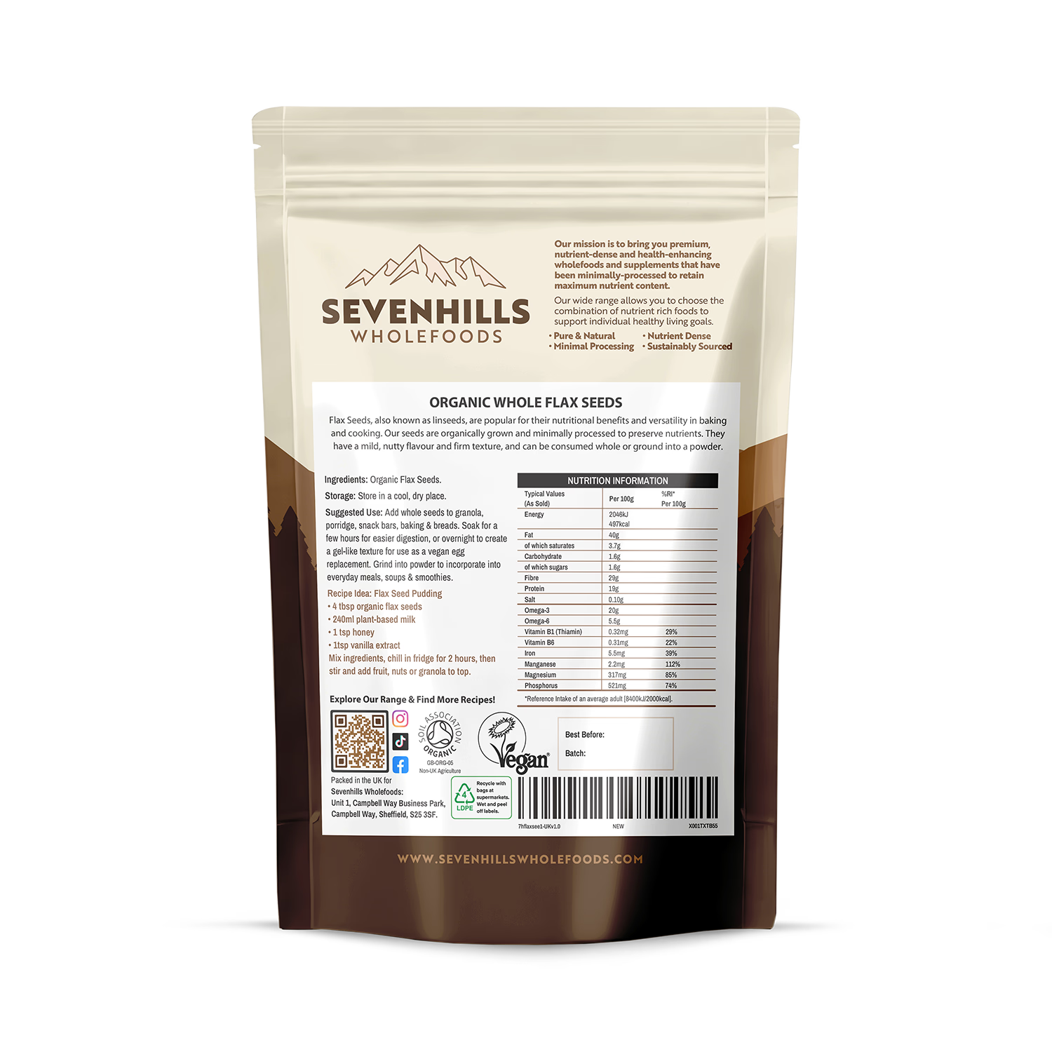 Seven Hills Wholefoods organic whole flax seeds 900g, imported from the UK