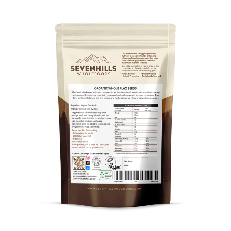 Seven Hills Wholefoods organic whole flax seeds 900g, imported from the UK