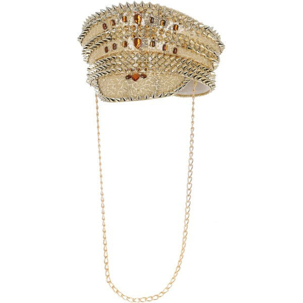 Fever gold sequin studded captain's hat with chain, UK version