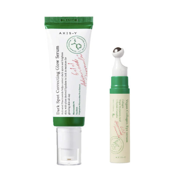 AXIS-Y Dark Spot Glow Serum and Vegan Collagen Eye Serum duo (British brand)