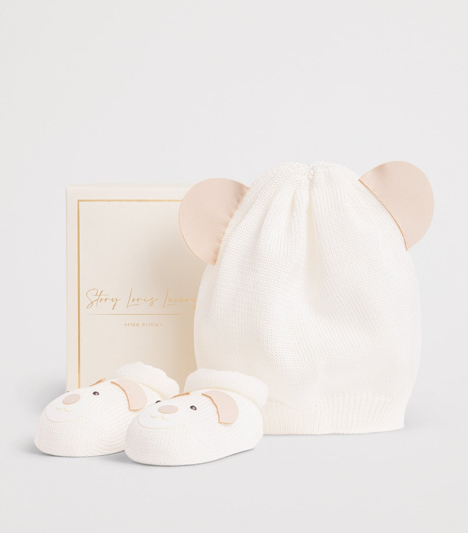 Story Loris baby socks and hat set with dog ear appliqués (British brand)