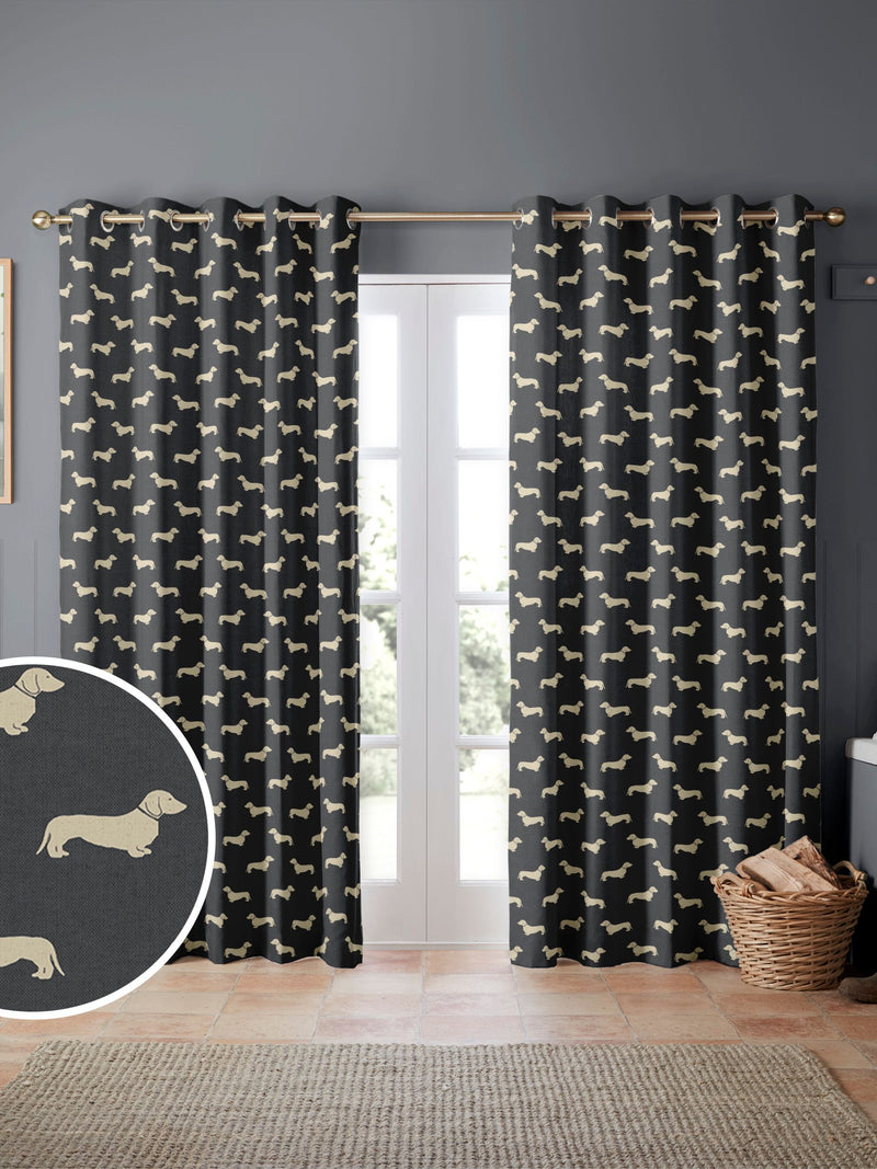 Emily Bond grey Peggy dachshund print curtains (British brand)