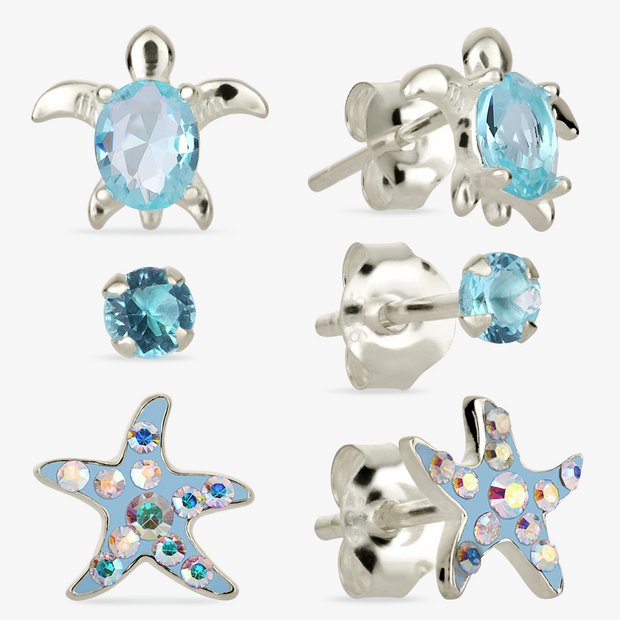 Revere Kids sterling silver sealife stud earrings set with blue cubic zirconia - British product